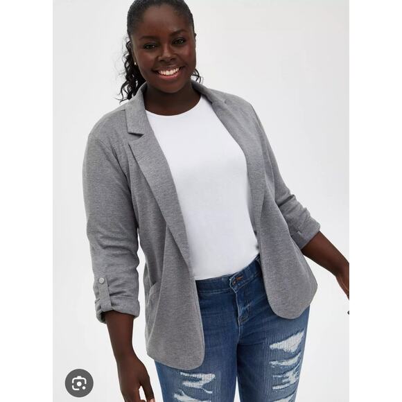 torrid Jackets & Blazers - Torrid 5 Women 5x Plus Size Gray Knit Jersey Roll Tab Sleeve Flowy Blazer Jacket